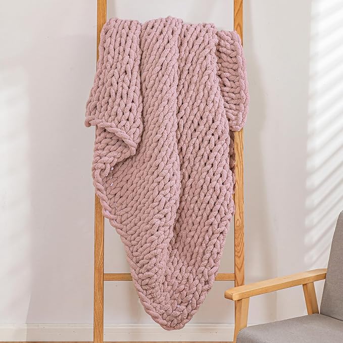 YAAPSU Chunky Knit Throw Blanket for Couch, 51"x63", 100% Hand Knitted Thick Cable Knit with Cozy Jumbo Chenille Yarn, Soft Large Rope Knot Crochet Blankets for Sofa Bed Living Room Décor, Dusty Pink