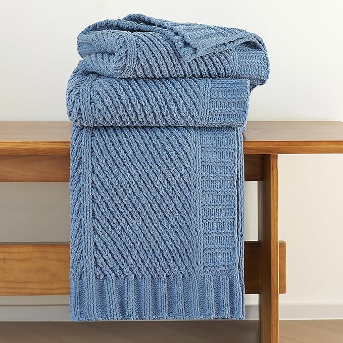 Amélie Home Knit Throw Blanket, Soft Chenille Cozy Breathable Chevron Chunky Decorative Blanket for Couch, Bed & Sofa, French-Inspired Lightweight Warm Gift for Women, Washed Blue, 50"x60"
