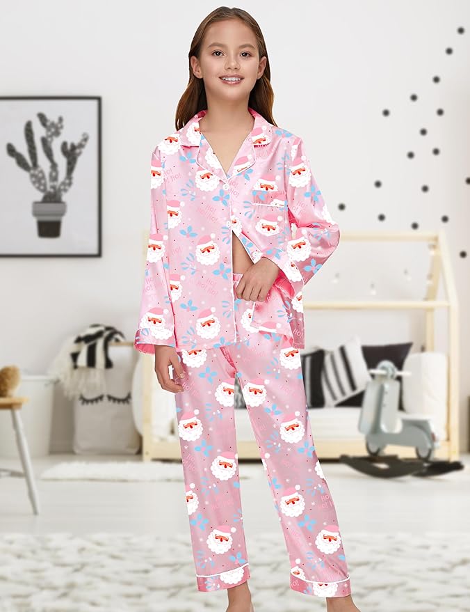 EPLAZA Kids Satin Pajamas Sets Girls Boys Button-Down Silky Pajamas Sleepwear with Hairband Eye Mask Hair Tie