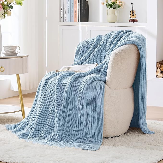 Chunky Knit Blue Throw Blanket for Couch Soft Cozy Thick Cable Knitted Throw Blankets for Sofa Bed Cute Decorative Throw Blanket for Living Room,50"x 60",Light Blue