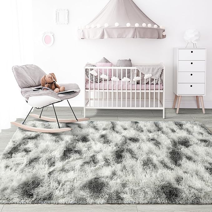 Noahas Large Fluffy 5x8 Area Rugs for Living Room Bedroom,Tie-Dyed Grey and White Thick Shag Throw Rug,Big Soft Shaggy Bedside Non-Slip Plush Dorm Nursery Kids Carpet