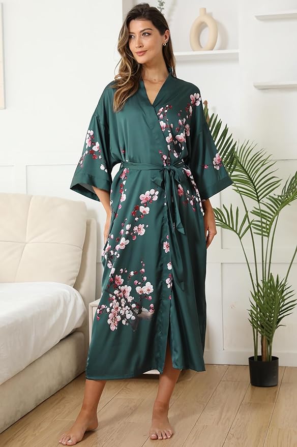 Kihnop Women's Floral Long Kimono Robe Long Satin Robe Long Silk Robe Ladies Kimonos Silky Bathrobe Cover Up, One Size