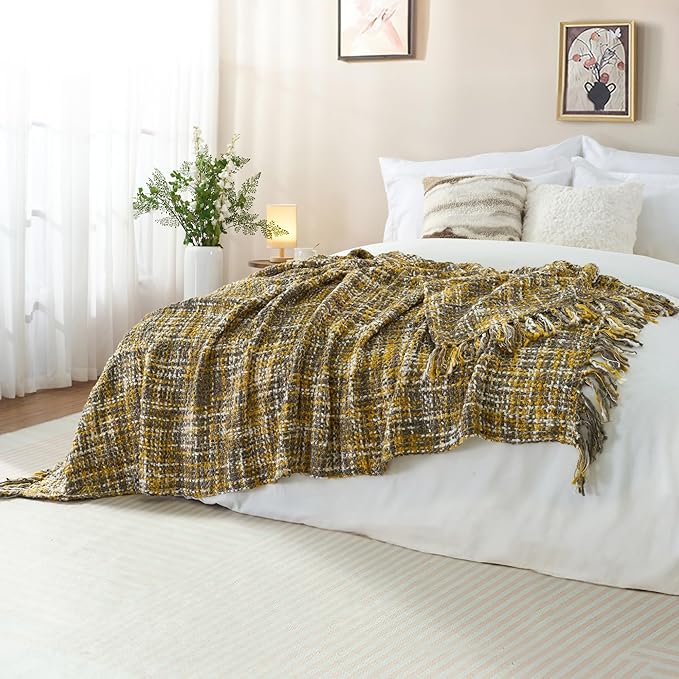 Multi-Color Gold Cable Woven Throw Blanket for Couch,50"X60" Boho Style Textured Blankets for Home Decor,Super Soft Warm Cozy Chunky Blanket with Decorative Tassels for Bed and Sofa