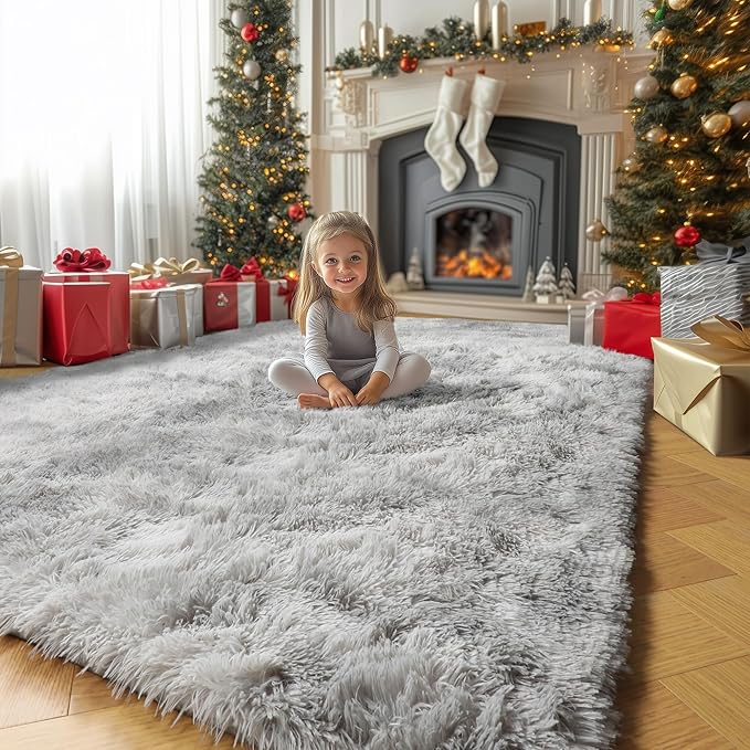 Amdrebio Tie-Dyed Light Grey Area Rugs for Bedroom, Fluffy Furry Rugs for Living Room, Modern Shag Throw Rug for Kids Room Decor, Shaggy Fuzzy Carpet, Indoor Plush Rug for Dorm Classroom, 4x6 Rug