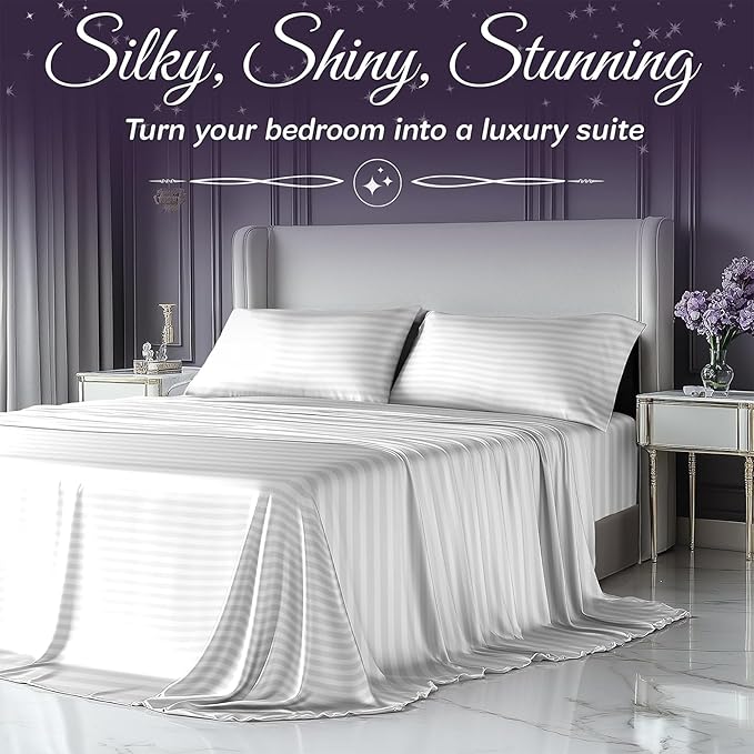 SLEEP SANCTUARY Satin Sheets Twin Size – 3 Piece Luxury Silky Bed Set, Softer Than Silk, 15" Deep Pocket, Cooling & Wrinkle-Free, Moisture-Wicking & Breathable for Hair & Skin (Striped White)