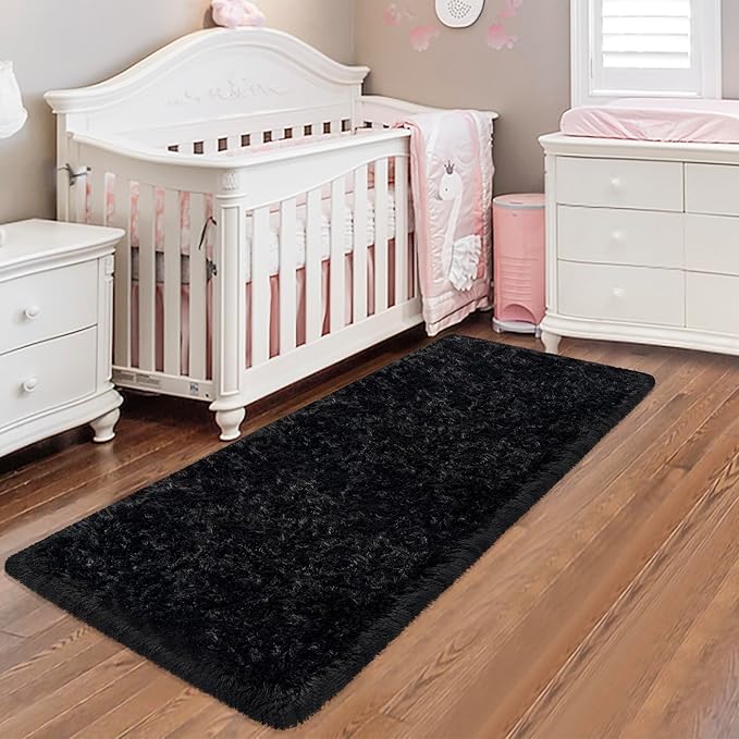 Black Runner Rug for Bedroom 2x6 Fluffy Shaggy Rug Soft Plush Fuzzy Area Rug Bedside Runners for Hallway Kids Nursery Living Room with Non Slip Modern Indoor Decor Carpet
