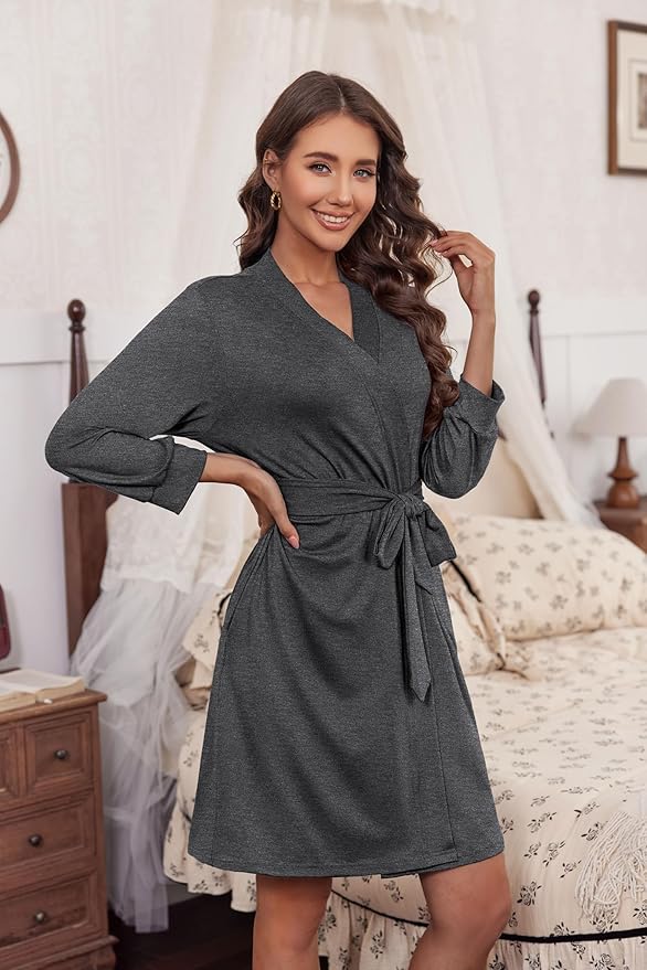 Ekouaer Women‘s Robes Lightweight 3/4 Sleeve Short Knit Bathrobe Soft Knee Length Sleepwear Robes with Pockets S-XXL
