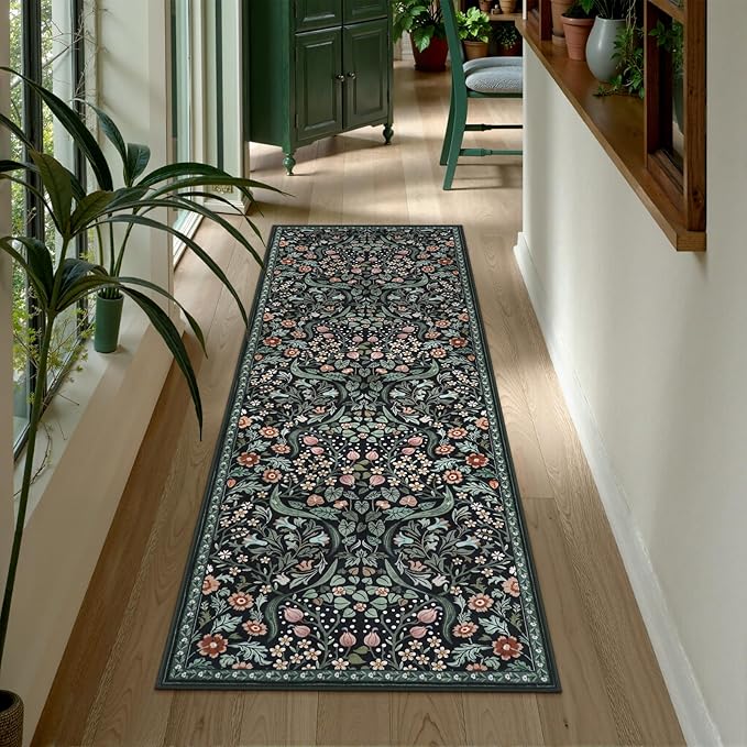 Lahome Claude Floral Kitchen Runner, 2x6 Black Washable Runner Rug Non Slip, Soft Low Pile Stain Resistant Bathroom Laundry Floor Carpet, Boho Thin Long Carpet for Entryway