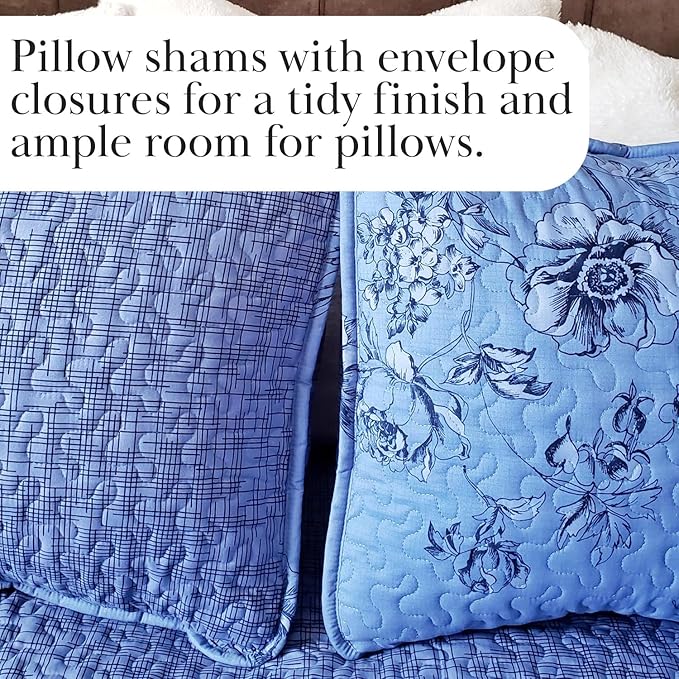 Southshore Fine Living, Inc. Oversized Quilt Bedding Set, Twin XL Coverlet with Matching Pillow Sham, Harmony Floral Coverlet, All Season Quilt Bedspread, Lightweight Twin XL Quilts, Blue