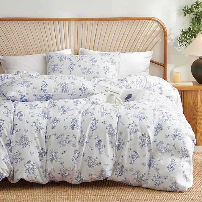 Nayoroom Blue Floral Duvet Cover Twin Size Cottagecore Flower Leaf Spring Comforter Cover 2 Pcs Soft Breathable Microfiber Pastoral Aesthetic Bedding Set with Zipper Closure