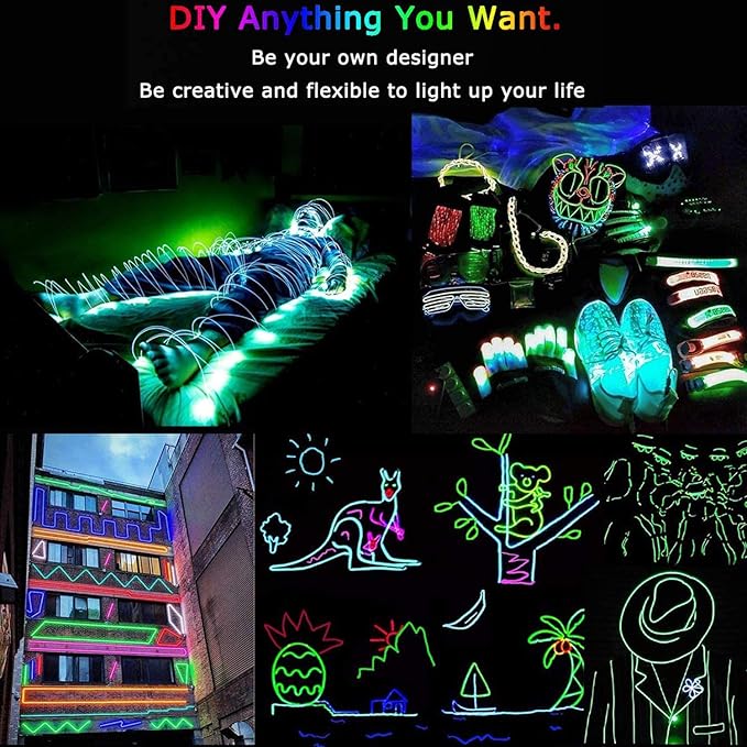JIGUOOR EL Wire Battery Pack 16.4ft / 5m Bright Neon Light Strip 360° Illumination Neon Tube Rope Lights for DIY, Festival, Party Decoration, Pub, Halloween, Chrismas (16.4ft / 5m, Green)