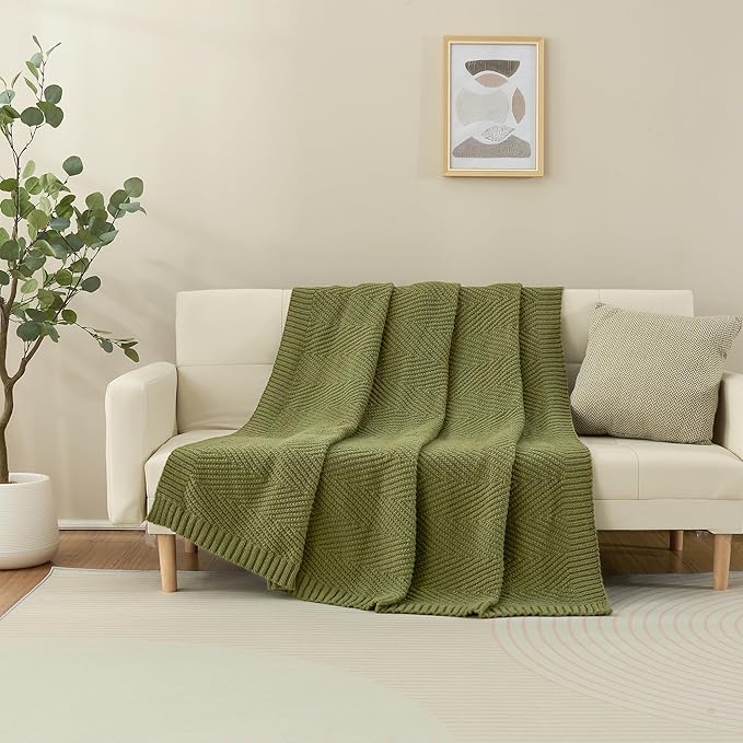 Knitted Throw Blanket 60"X80", Olive Green Knit Throws for Bed, Super Soft Boho Chevron Blankets for Couch Sofa Chair Room Decor, Textured Decorative Farmhouse Cozy Lightweight