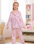 EPLAZA Kids Satin Pajamas Sets Girls Boys Button-Down Silky Pajamas Sleepwear with Hairband Eye Mask Hair Tie