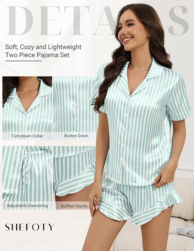 Silk Pajamas for Women Button Down 2 Piece Satin Pjs Shorts Set Ruffle Notch Collar Sleepwear Loungewear