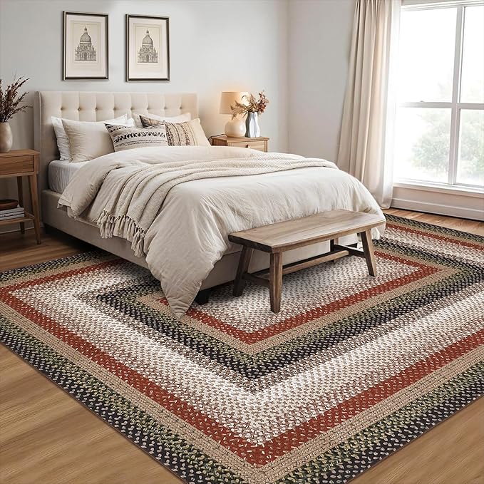 RUGSREAL Machine Washable Area Rug 6x9 Braided Rug for Living Room Modern Braid Printed Large Bedroom Rug Non Slip Dining Room Throw Rug Farmhouse Accent Carpet for Home Decor, Crimson/Earthy