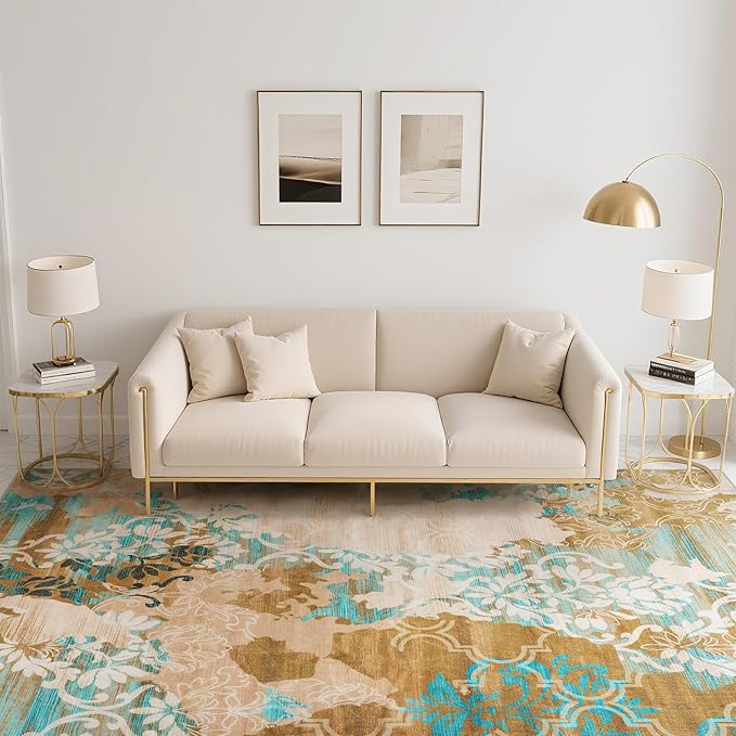 CRYPTOLITE Abstract Area Rug 5x7 Washable Rug with Non-Slip Backing Low Pile Area Rug Area Rugs for Living Room, Bedroom, Dining Room, Orange-Yellow