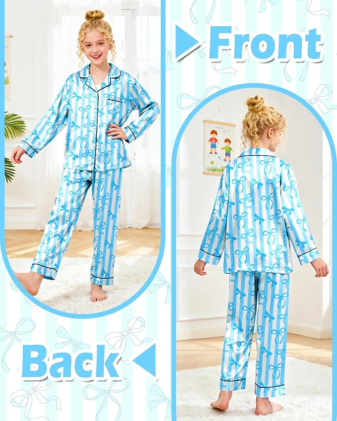 Girls Pajamas Silk PJS Set Satin Sleepwear Long Sleeve Jammies for Kids Button-Down Nightwear Loungewear 3-16 Years