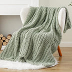 Battilo Chunky Knit Blanket Throw，Sage Throw Blanket for Couch, Thick Warm Soft Cozy Knitted Chenille Throw Blanket for Sofa, Bed, Living Room, 50"x60"