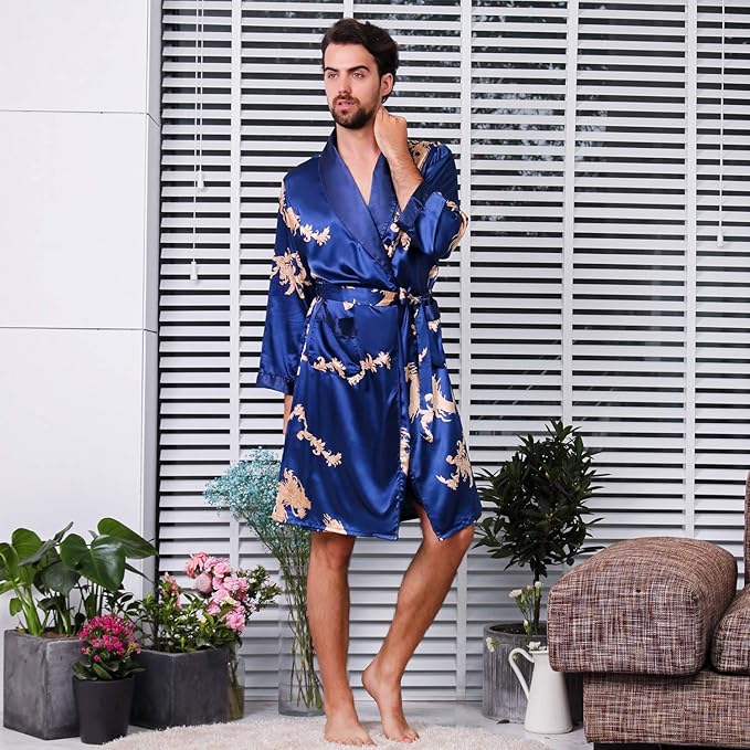 Mens Satin Robe,Silk Long Sleeve House Kimono Bathrobe,Soft Loungewear Dragon Robe