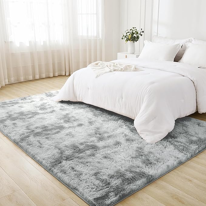Litanika 5x8 Shag Area Rug for Living Room Bedroom, Tie-Dyed Light Grey High Pile Soft Plush Shaggy Furry Bedside Playroom Dorm Carpet, Non-Slip, Non-Shedding Modern Indoor Floor Rug