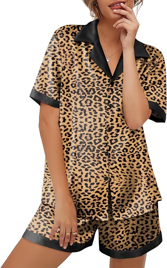 Ekouaer Womens Silk Satin Pajama Set Short Sleeve PJs 2 Piece Button Down Top and Shorts Notch Collar Sleepwear Sets Soft Pjs