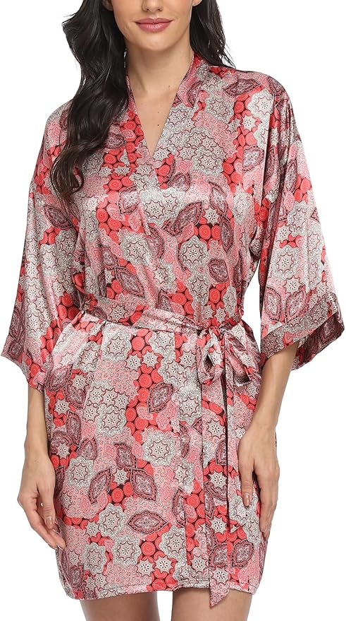 Women's Floral Satin Robes Bride Bridesmaid Getting Ready Robe Short Silky Kimono Sleepwear for Wedding Party