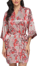 Women's Floral Satin Robes Bride Bridesmaid Getting Ready Robe Short Silky Kimono Sleepwear for Wedding Party