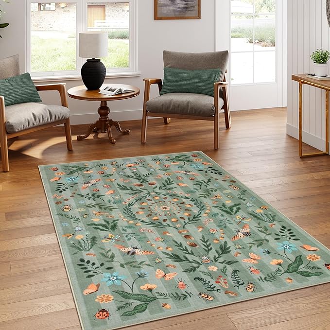 Lahome Chloe Insect Botanical Washable Rugs 5x7 Green Area Rugs for Living Room, Non Slip Rug for Bedroom, Boho Indoor Dining Room Carpet for Under Table Entryway Kitchen Office(Green,5x7)
