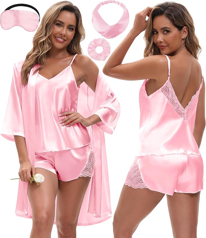 EPLAZA 3 Pcs Silk Pajamas for Women Satin Pajama Set Sexy Lace V-neck Cami Top Shorts Pjs Set with Robe Sleepwear