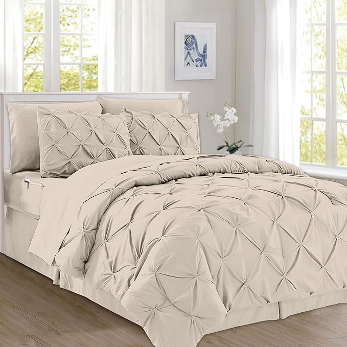 Elegant Comfort 8-Piece Pinch Pleated Comforter Set - All Season Complete Bed in a Bag, Includes 4pc Smart Sheet Set, Bed Skirt, Comforter, Matching Pillowcases and Shams, Full/Queen, Cream