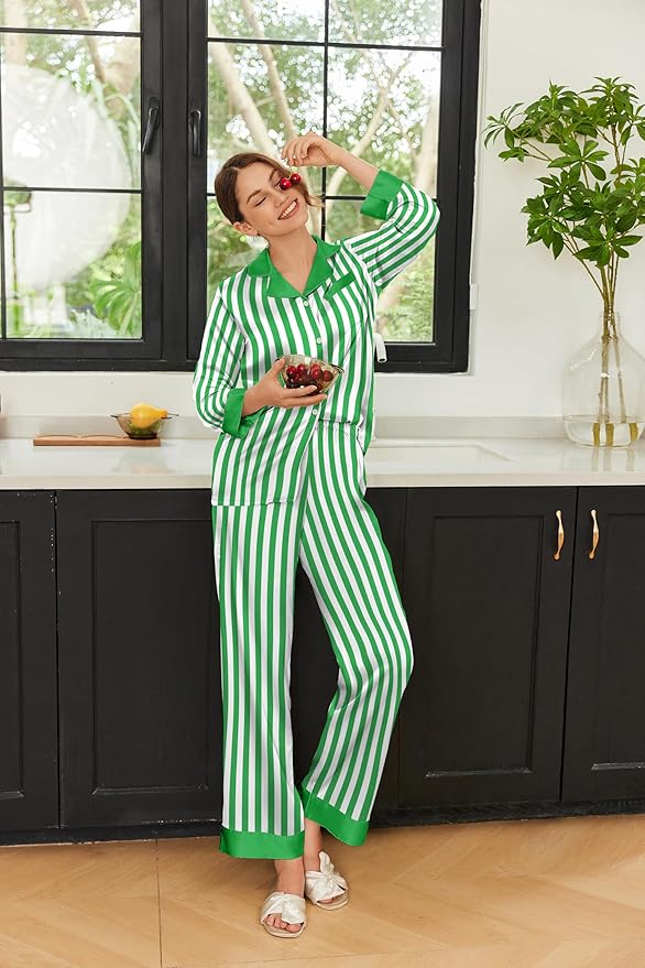 Ekouaer Silk Pajamas for Women Long Sleeve Satin Pajama Set Silky Pj Sets 2 Piece Button Down Loungewear Sleepwear