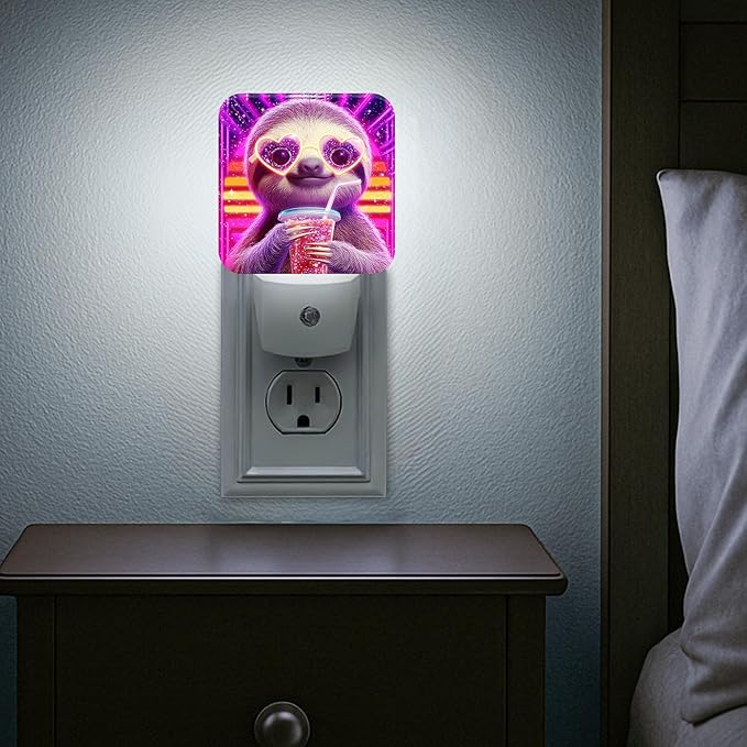 Sloth Night Lights Plug Into Wall, Playful Cartoonish Heart-Shaped Glasses Drink Summer Peach Smart Outlet Plug in Led Night Light Lamp for Living Room Entryway Kitchen Decor 2pcs