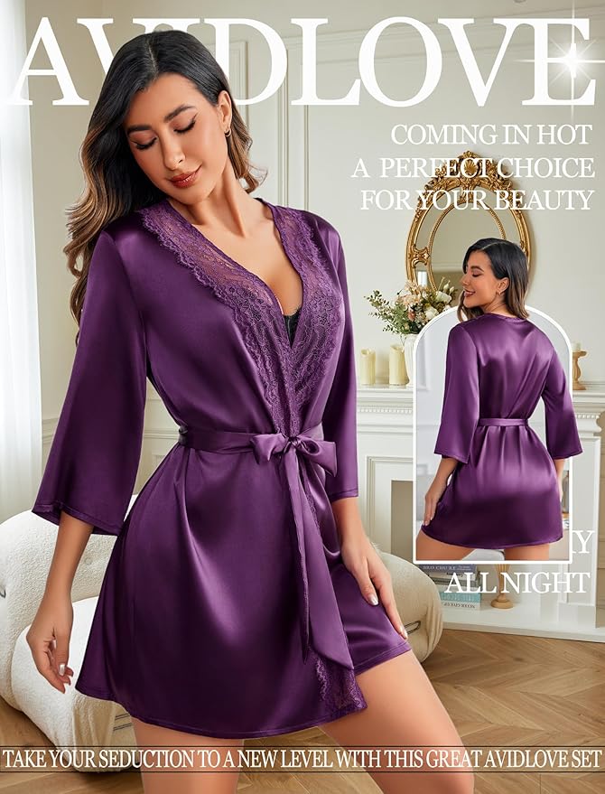Avidlove Women's Kimono Robe Short Satin Pure Short Silky Robes