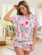 Silk Satin Pajama Set for Women 3-piece Short Sleeve Pajama with Pants Ruffle Shorts Cute Pj Set Button Down Sleepwear