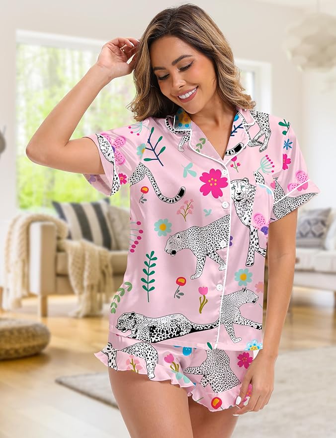 Silk Satin Pajama Set for Women 3-piece Short Sleeve Pajama with Pants Ruffle Shorts Cute Pj Set Button Down Sleepwear