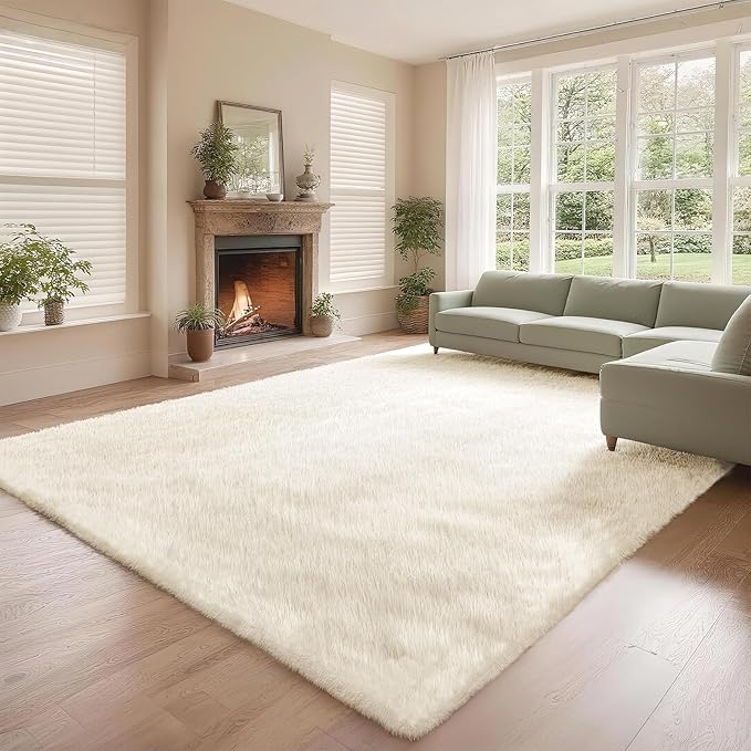 Ultra Soft Shag 8x10 Cream Area Rug – 8x10 Rugs for Living Room, Non-Slip, Fluffy Plush Large Carpet, Shaggy Furry Rug for Bedroom, Dorm, Kids and Girls Room, Nursery, Home Office Décor