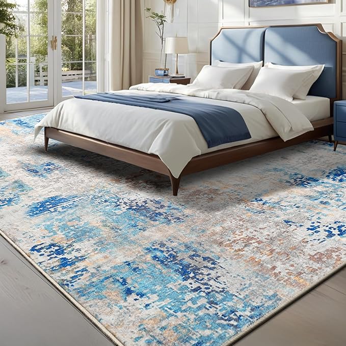 Area Rug 5x7 Washable Rugs Modern Abstract Area Rug Soft Non-Slip Non-Shedding Faux Wool Stain Resistant Floor Carpets for Living Room Bedroom Dining Room Kids Room Home Office (Blue, Ivory)