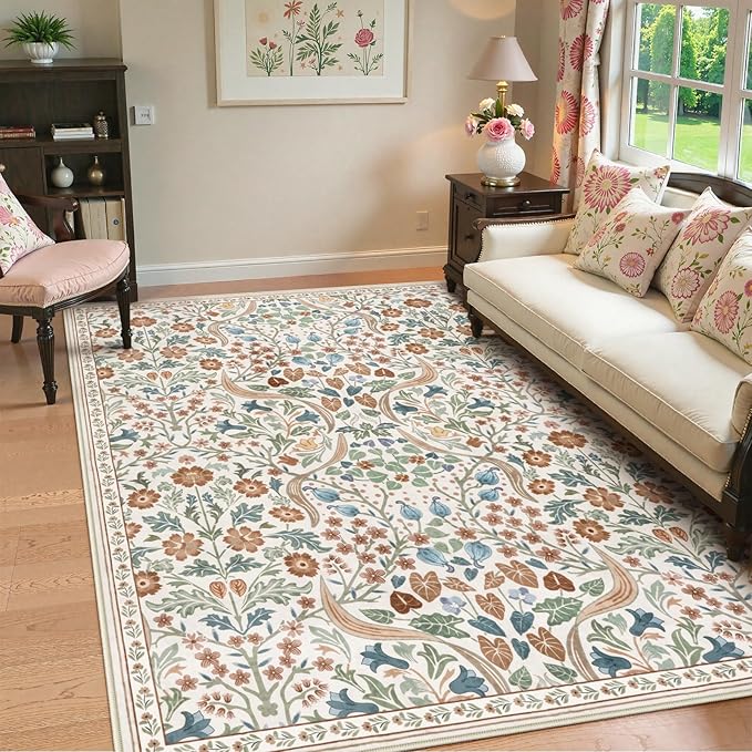Lahome Claude Floral 5x7 Beige Bedroom Rug, Non-Slip Washable Area Rugs for Nursery, Botanical Soft Boho Carpet Floor Mats for Kids, Playroom, Living Room
