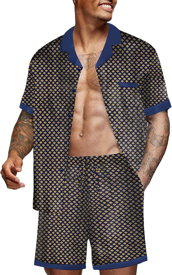Ekouaer Men Satin Silk Pajamas Set with Pockets Sleepwear Shorts Satin Summer Loungewear 2 Piece Button Down Set S-3XL