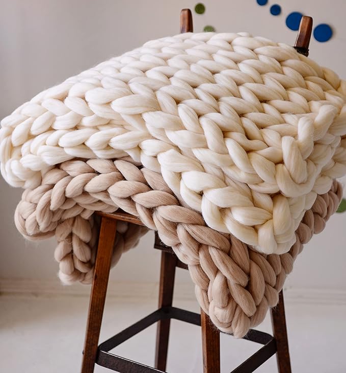 Boho Throw Blanket - Chunky Knit Blanket, Full Size Blankets, Beige Throw Blanket, Handmadel Blanket for Bed Decor, Crochet Blanket, Gift for Women Birthday (Beige, 54"x75")
