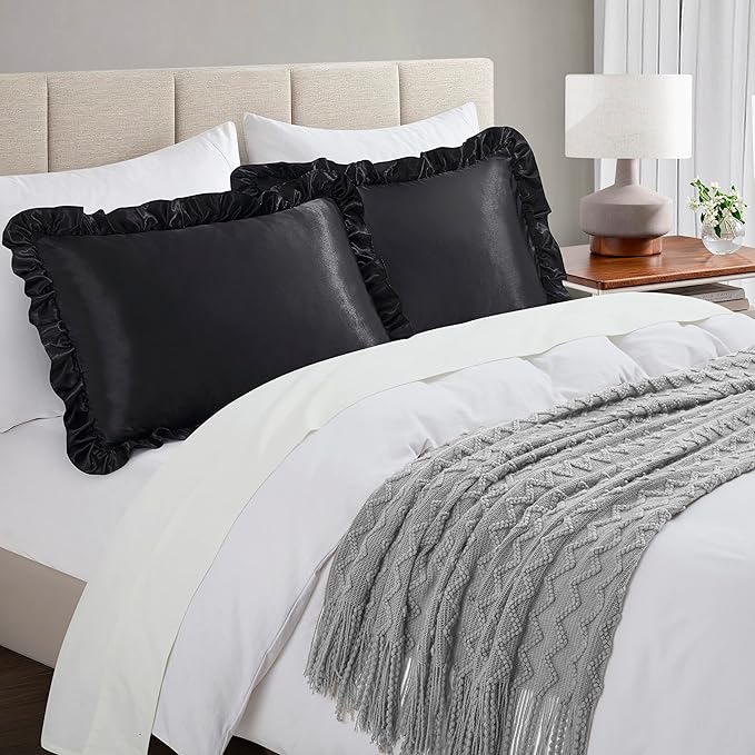 Silky Satin Ruffled Pillow Cases for Hair and Skin,Black Silk Pillowcases Queen Set of 2 with Envelope Closure Princess Room Decoration