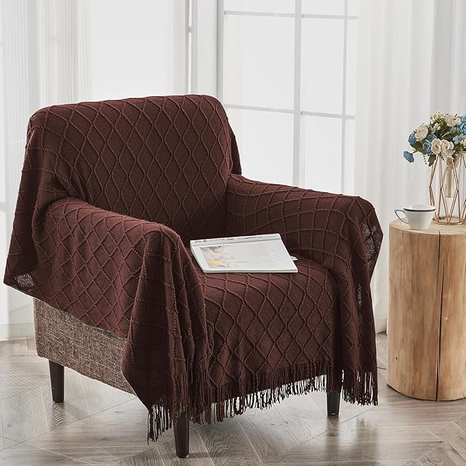 inhand Knitted Throw Blankets for Couch and Bed, Soft Cozy Knit Blanket with Tassel, Diamond Brown Lightweight Decorative Blankets and Throws, Farmhouse Warm Woven Blanket for Men and Women, 60"x80"