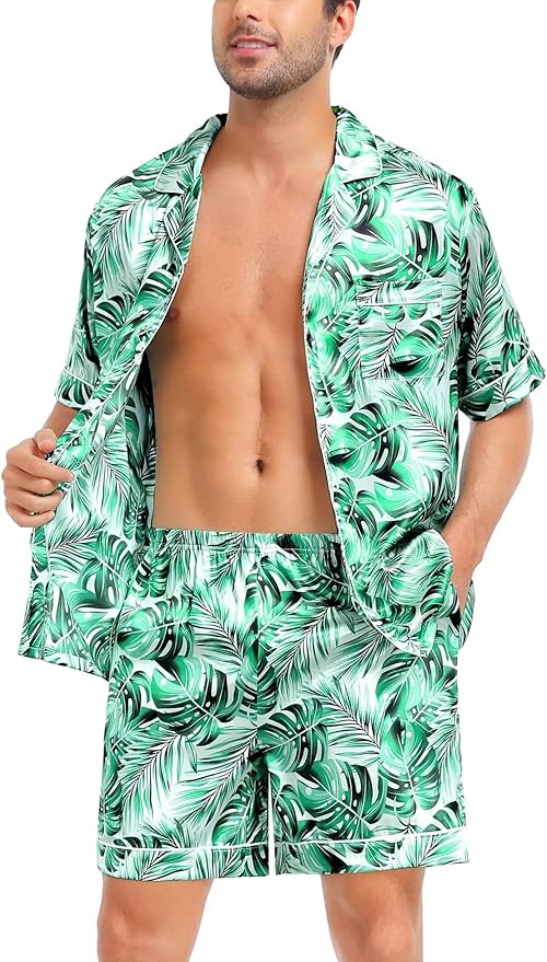 SWOMOG Satin Matching Pajamas Sets Couple Silk Button Down Nightwear Women & Men Short Sleeve Sleepwear 2 Pieces Loungewear