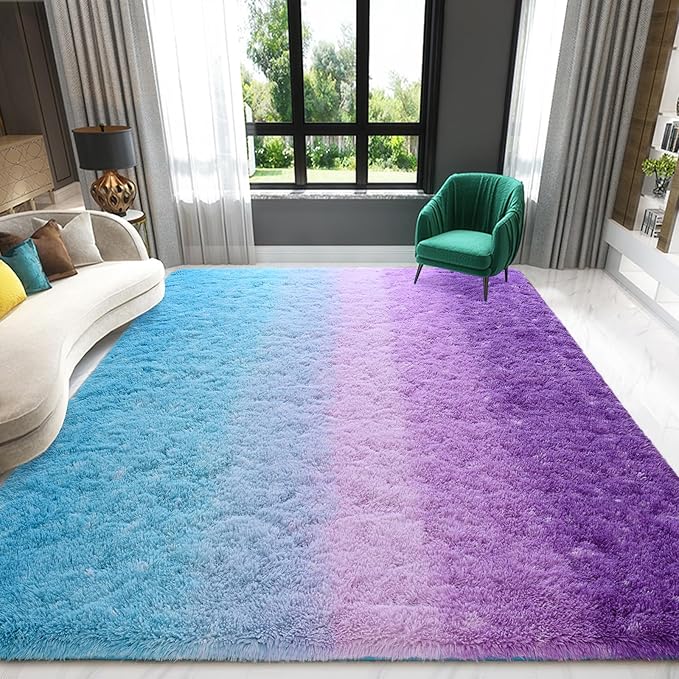 Purple Blue Area Rug 6x9 Large Rugs for Living Room Bedroom, Fluffy Cute Rug Modern Carpets for Kids Room, Non-Skid Rectangular Indoor Gradient Rug for Girls Boys Nursery Room Home Decor
