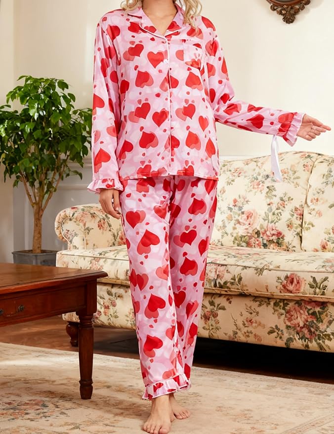 SWOMOG Womens Silk Satin Pajamas Set Long Sleeve Button Down Sleepwear 2 Piece Lounge Set Pj Set XS-3XL