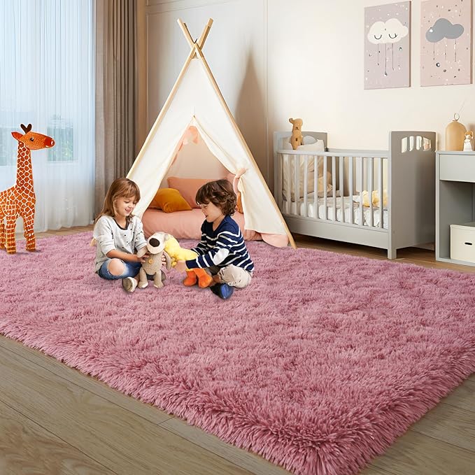KING DARE Small Shag Rug 2x3 for Bedroom, Soft Fuzzy Bedside Throw Area Rug for Living Room Dorm, Non Slip Plush Carpet Modern Home Decor Aesthetic for Entrance Nursery Kids Room, Blush