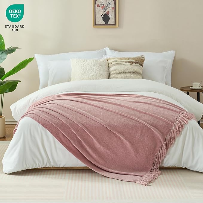 Chenille Throw Blanket for Couch with Tassels,50"X60" Soft Cozy Lightweight Knitted Boho Decorative Blankets for Bed and Sofa,Pink