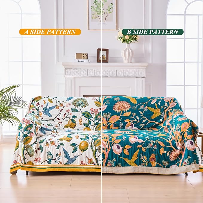 Boho Throw Blanket for Bed - 100% Cotton Ultra Soft Luxury Throw Rustic Fall Quilt,Bird Printed Farmhouse Decor Bed Blankets,Throw for Living Room Sofa Couch Chair(Flower-Bird, 87" x 102")