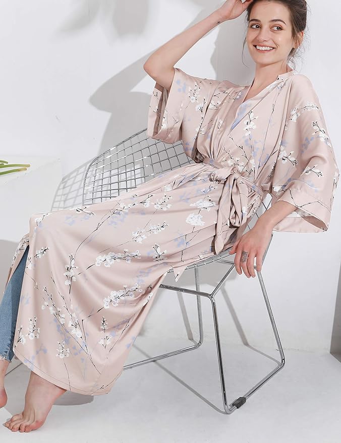 Aensso Long Soft Lightweight Silky Kimonos Robes for Women, Luxury Japanese Floral Womens Kimono Robe