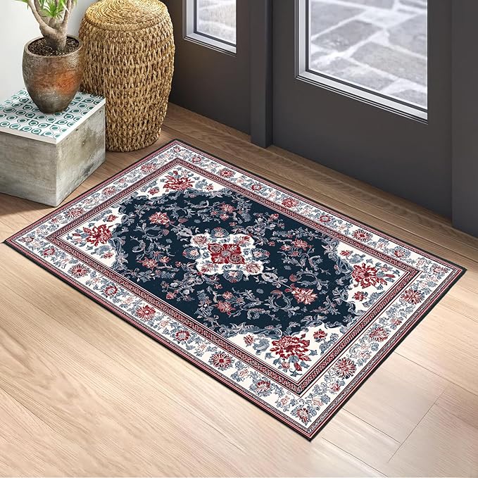 Area Rug 2x3 ft Entry Rug Washable Vintage Boho Rugs Non Slip Low Pile Floral Door Mat Small Carpet for Bedroom, Bedside, Kids Room, Office, Dining Room